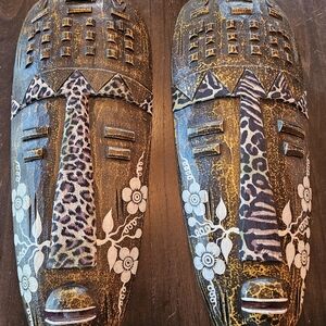 Two African Tribal Masks Hand Carved Painted Wall Art Decor Indonesia